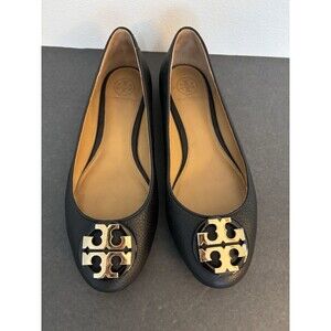 Tory Burch Claire Ballet Tumbled Womens Leather Flats Black/Gold Size 6.5